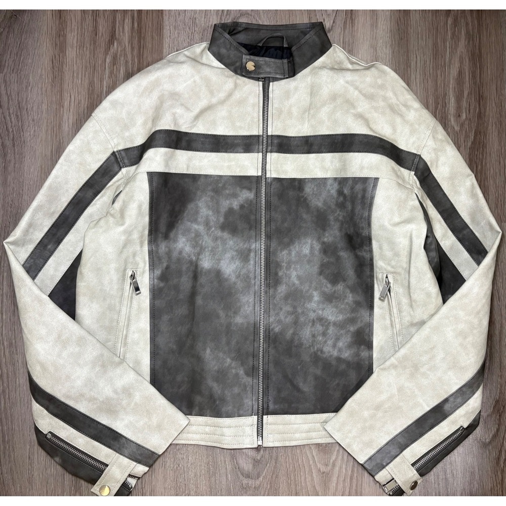 Superdown Womens Moto Jacket Grey Cream Distressed Faux Leather Racer Size M - Picture 5 of 14